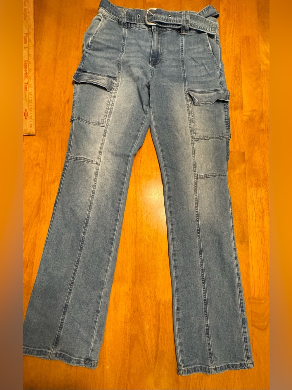 Light Blue Flared Cargo Jeans with Belt